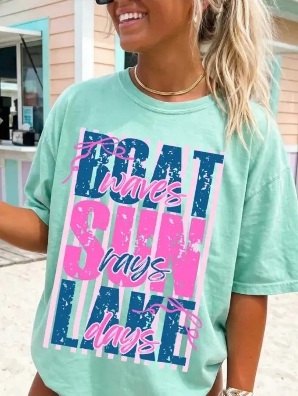 Mint Graphic Beach T-Shirt with Pink & Navy Print